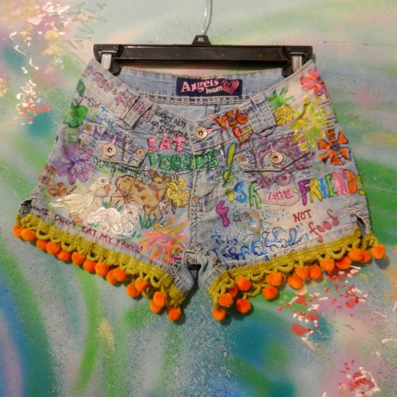 Hand Crafted Denim - Graffiti Statement Plant Power shorts HAND CRAFTED OOAK custom design SIZE 3